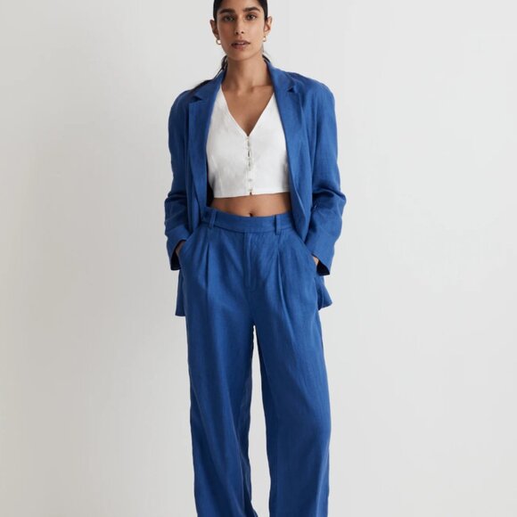 Madewell Blazer Jacket Coat Double Breasted Crossover Pure Linen Blue New Large - Picture 1 of 10